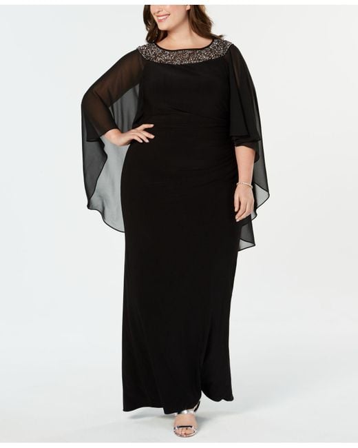 Xscape Black Plus Size Chiffon-cape Embellished Gown