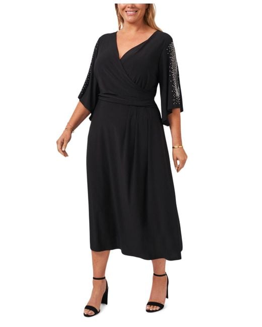Msk Black Plus Size Surplice-neck Rhinestone-sleeve Dress