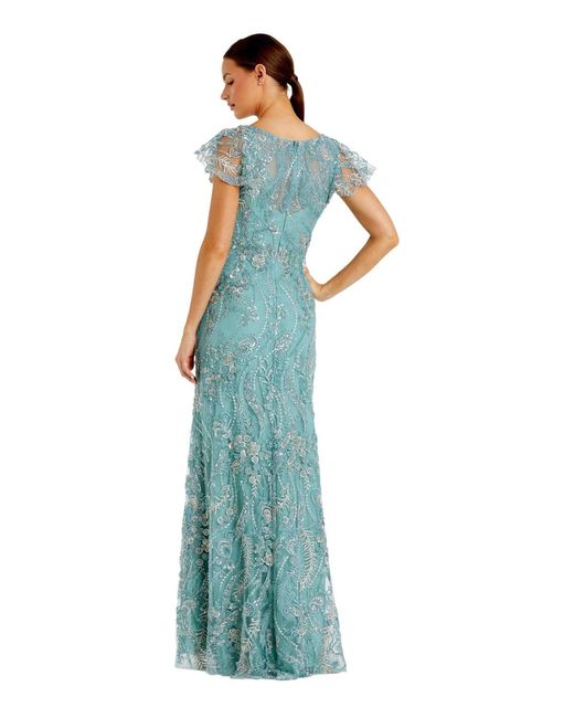 Mac Duggal Petite V Neck Flutter Sleeve Floral Embroidered Gown in Blue |  Lyst