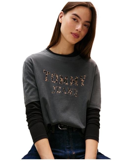Tommy Hilfiger Black Cotton Leopard-print Logo Varsity T-shirt