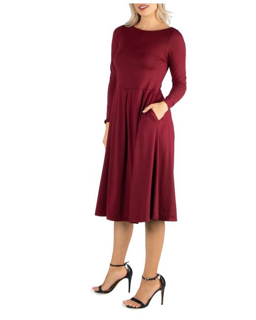 24seven Comfort Apparel Red Midi Length Fit And Flare Dress