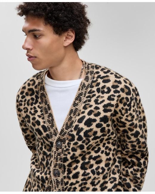 Mode Of One Multicolor Leopard-print V-neck Cardigan for men