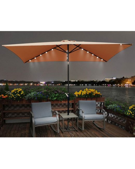 Streamdale Furniture Brown 10 X 6.5ft Rectangular Patio Solar Led Lighted Outdoor Umbrellas With Crank And Push Button