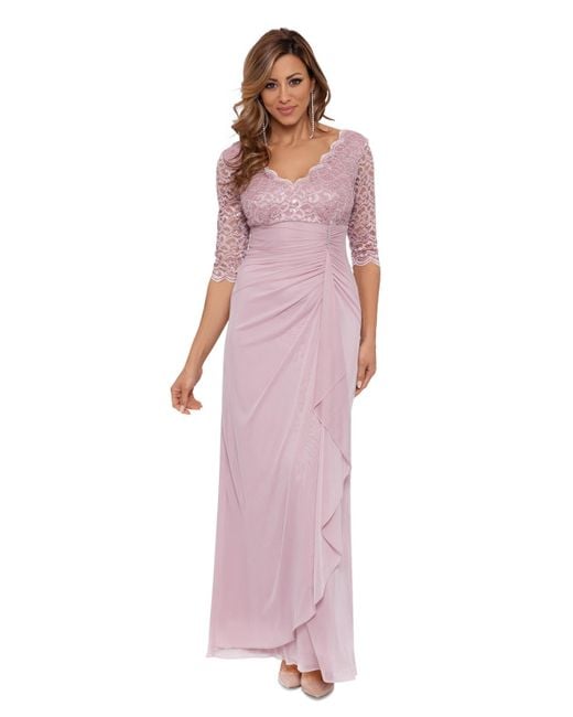 Betsy & Adam Pink Petite V-neck Lace-bodice Gown