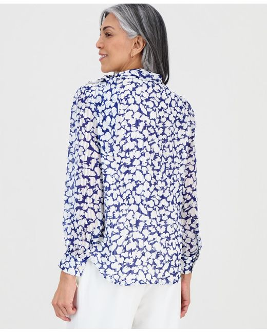Kasper Blue Printed High-tie-neck Long-sleeve Blouse