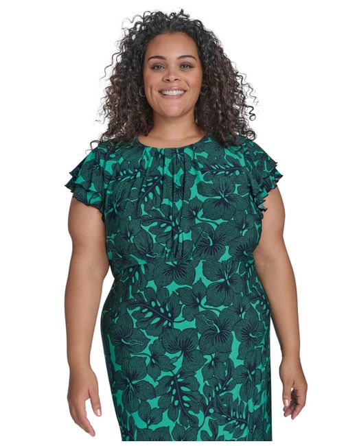 Tommy Hilfiger Green Plus Size Dotty Hibiscus Flutter-sleeve Dress