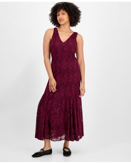 And Now This Purple Lace Godet-hem Maxi Dress
