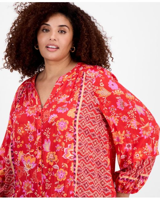 Liverpool Los Angeles Red Liverpool Plus Size Printed Blouson-sleeve Button-front Blouse
