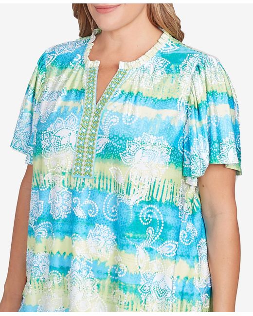Ruby Rd Blue Plus Size Batik Embroidered Tie Dye Puff Print Top