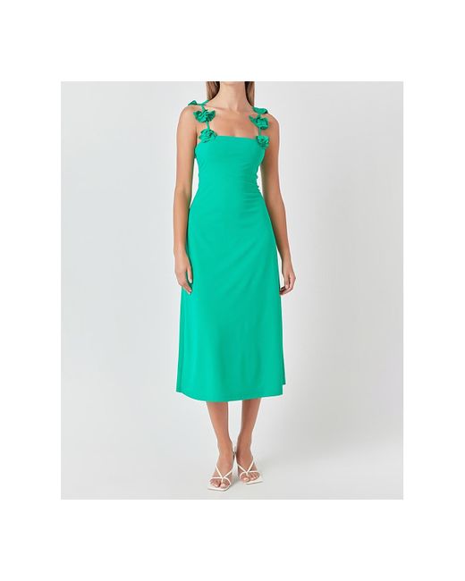 Endless Rose Green Rosette-strap Square-neck Midi Dress