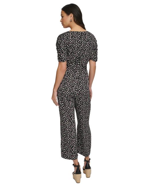 DKNY Black Printed Ruched-sleeve Cropped Jumpsuit