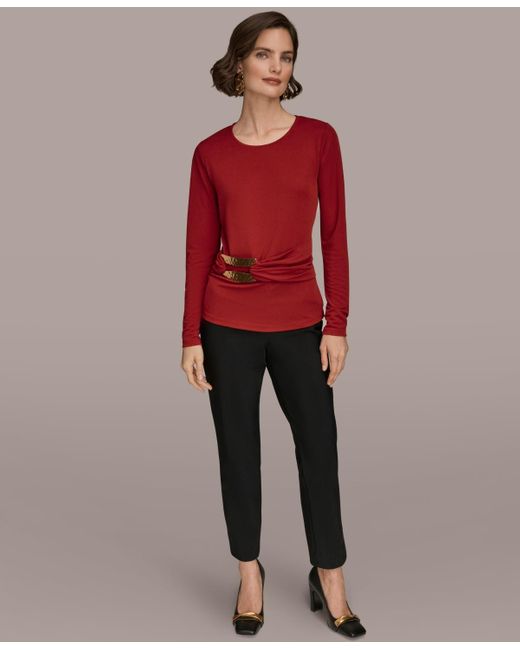 Donna Karan Red Long Sleeve Double Bar Hardware Top