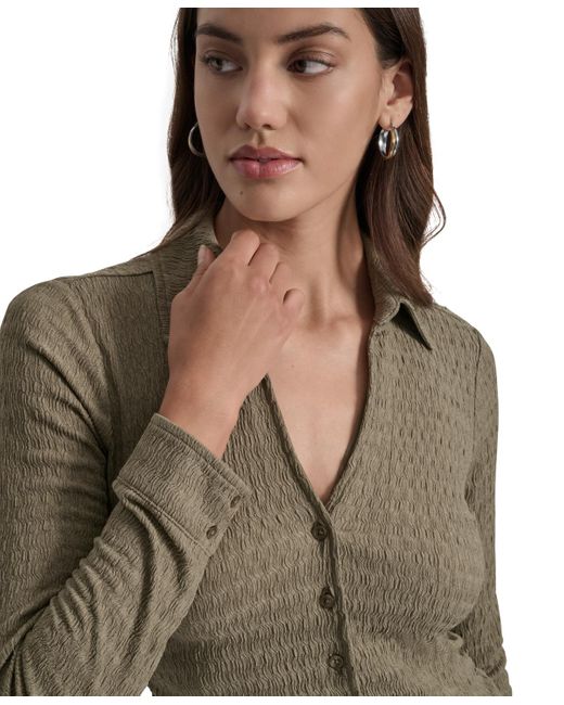 DKNY Multicolor Textured Collared Button-front Top