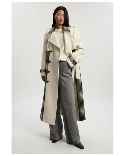 Karen Millen White Wool Check Trench Midi Coat