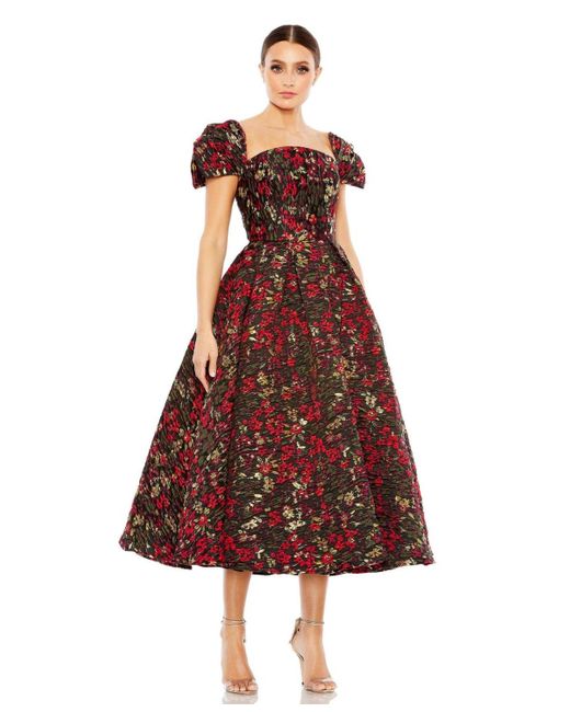 Mac Duggal Red Floral Brocade Cap Sleeve A Line Dress