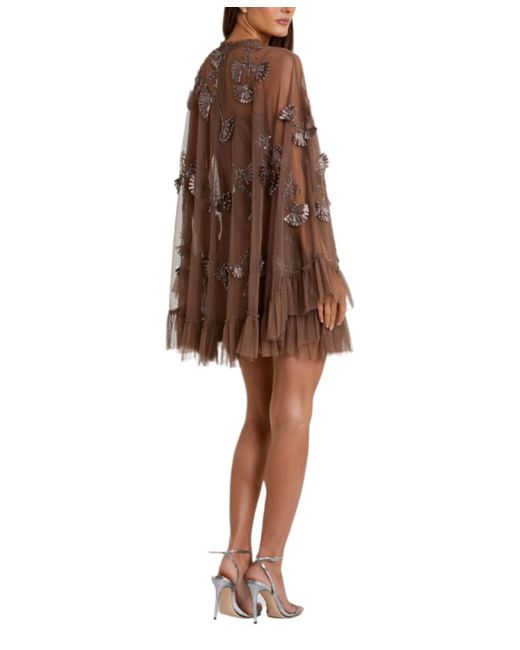 Mac Duggal Brown Embellished Long Flare Sleeve Mesh A-line Dress