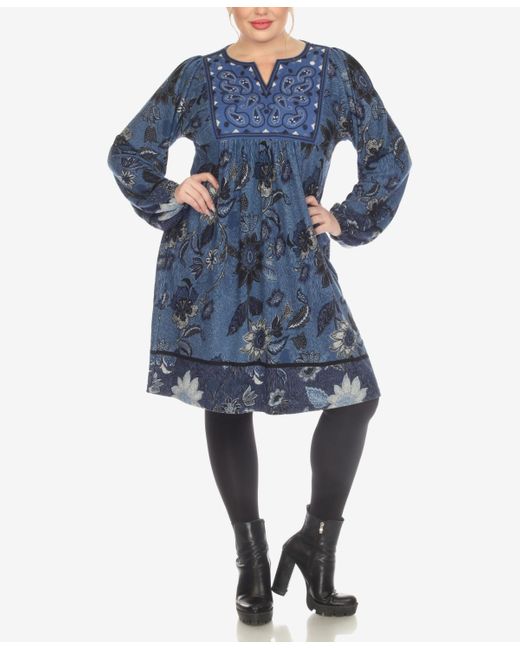 White Mark Plus Size Paisley Flower Embroidered Sweater Dress in Blue