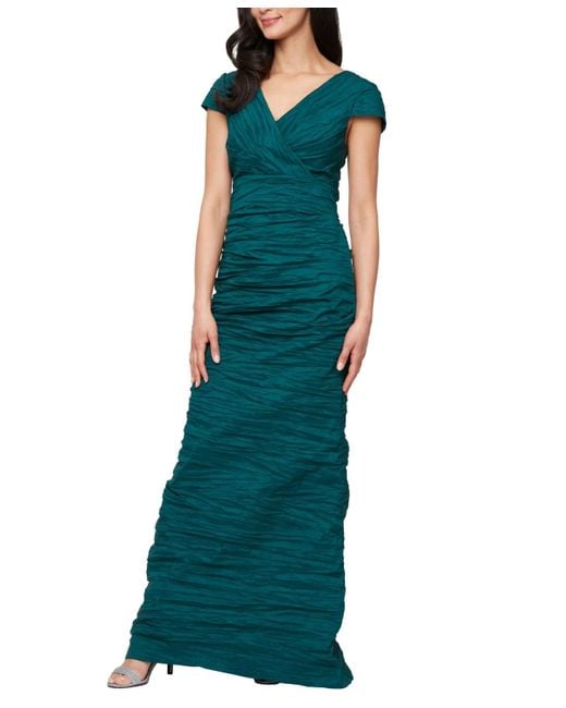 Alex Evenings Green Crinkle Stretch Taffeta Long Gown