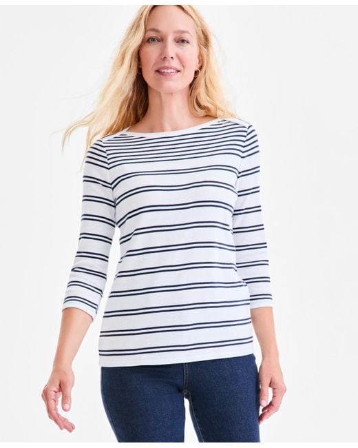 Style & Co. White Printed Pima Cotton 3/4-sleeve Top