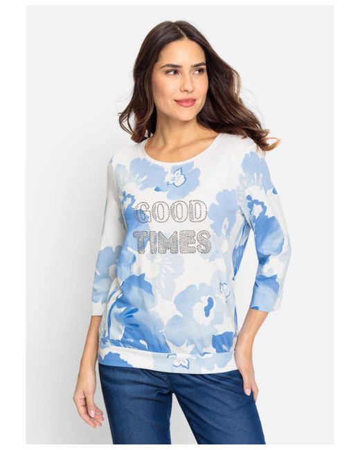 Olsen Blue Cotton Blend 3/4 Sleeve Embellished T-shirt Containing [tm] Modal