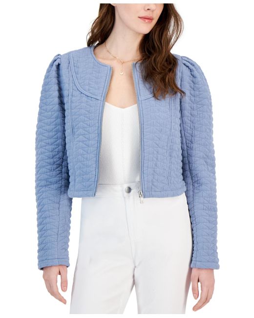 Avec Les Filles Blue Quilted Puff-shoulder Zip-front Jacket