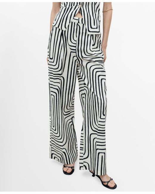 Mango White Geometric-print Linen Pants