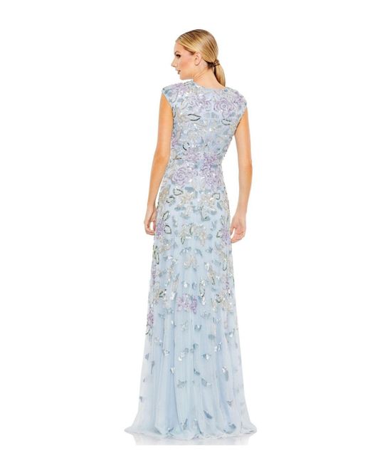 Mac Duggal Blue Sequined High Neck Cap Sleeve A Line Gown