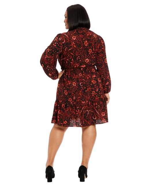 London Times Red Plus Size Long-sleeve Printed Chiffon Dress
