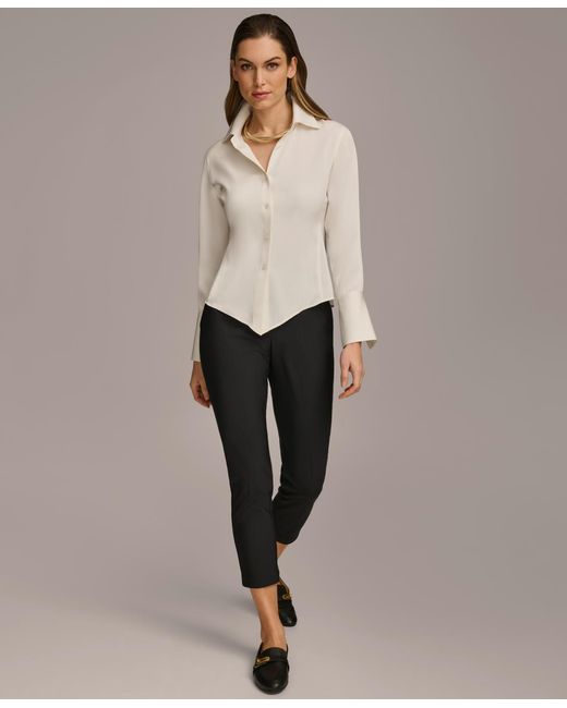 Donna Karan Natural Petite Button Front Point Hem Top