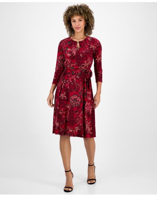 Kasper Red Printed 3/4-sleeve Midi Dress