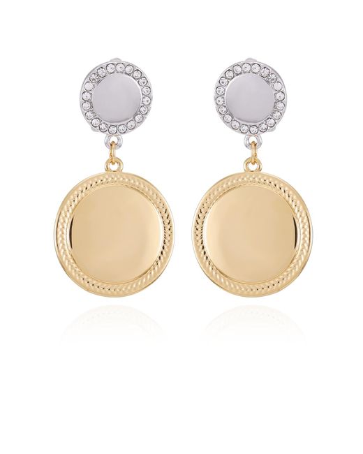 Tahari White Two-tone Glass Stone Circle Coin Drop Clip On Earrings