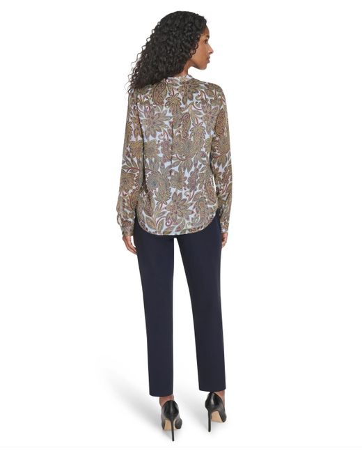 Tommy Hilfiger Gray Paisley Ruffle Long Sleeve Blouse