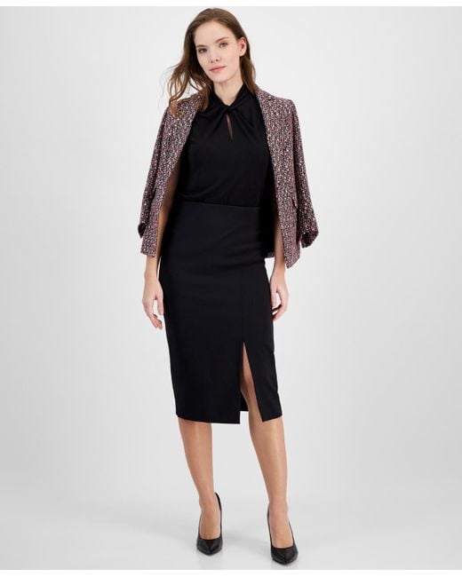Anne Klein Black Solid Pull-on Asymmetrical-slit Midi Skirt