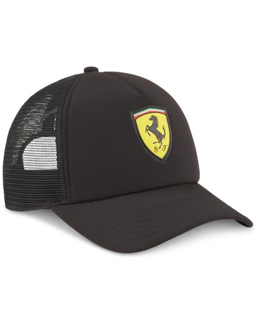 PUMA Black Ferrari Race Logo Shield Snapback Trucker Cap for men