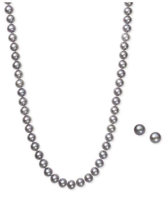 Macy's Metallic Gray Cultured Freshwater Pearl (6mm) Necklace And Matching Stud (7-1/2mm) Earrings Set