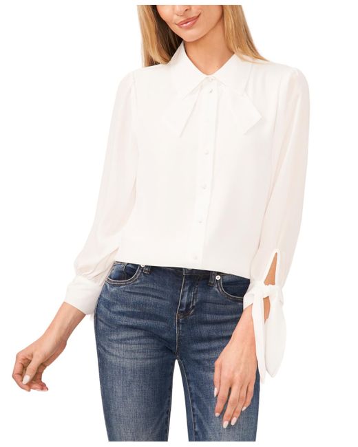 Cece White Collared Long Sleeve Button Down Blouse