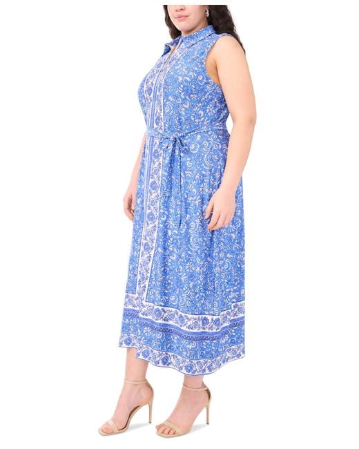 Msk Blue Plus Size Zip-front Border-print Belted Midi Dress