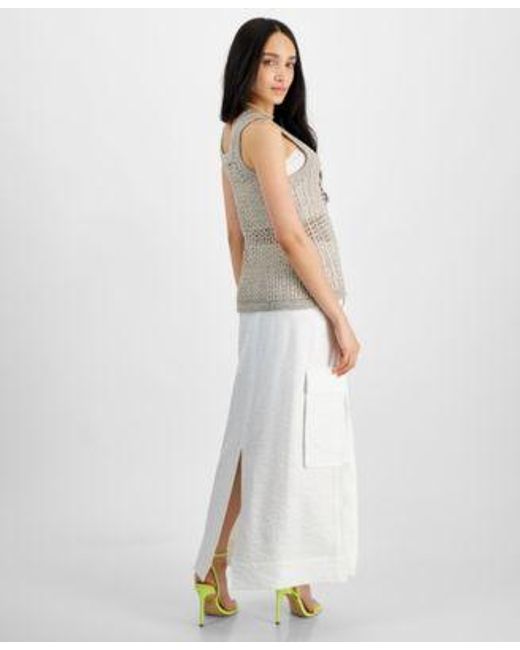 BarIII White Petite Open Stitch Metallic Sweater Satin Drawstring Waist Cargo Skirt Created For Macys