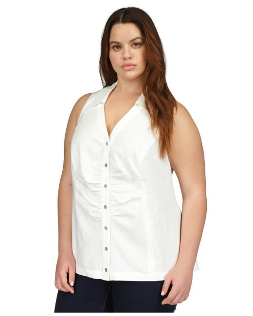 Michael Kors White Michael Plus Size Linen Button-front Sleeveless Top