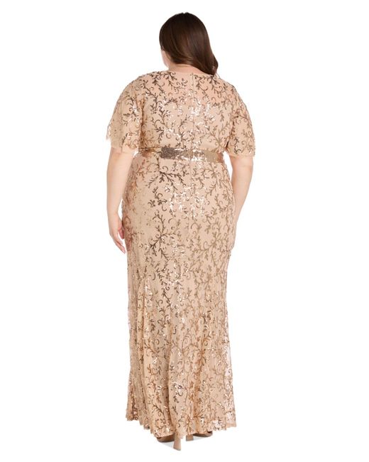 R & M Richards Natural Plus Size Sequin Embellished Flutter-sleeve Gown