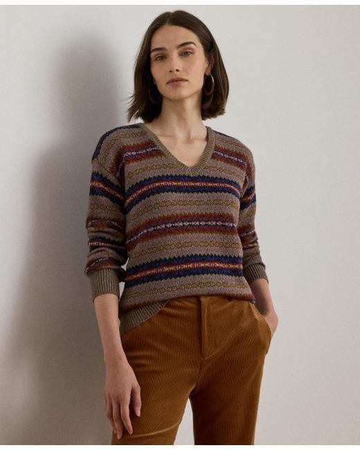 Ralph Lauren Women's Brown Petite Fair Isle V-neck Sweater