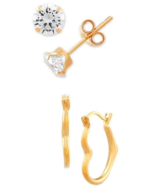Macy's Metallic 2-pc. Set Cubic Zirconia Stud Earrings & Heart Hoop Earrings In 10k Gold