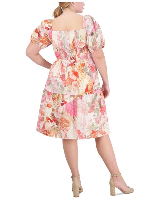 Vince Camuto Pink Plus Size Floral-print Puff-sleeve Midi Dress