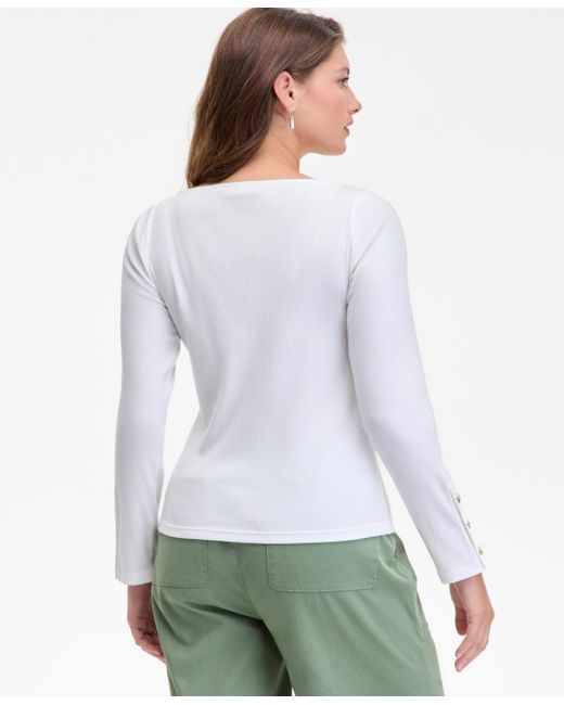 On 34th White Button-cuff Boatneck Top