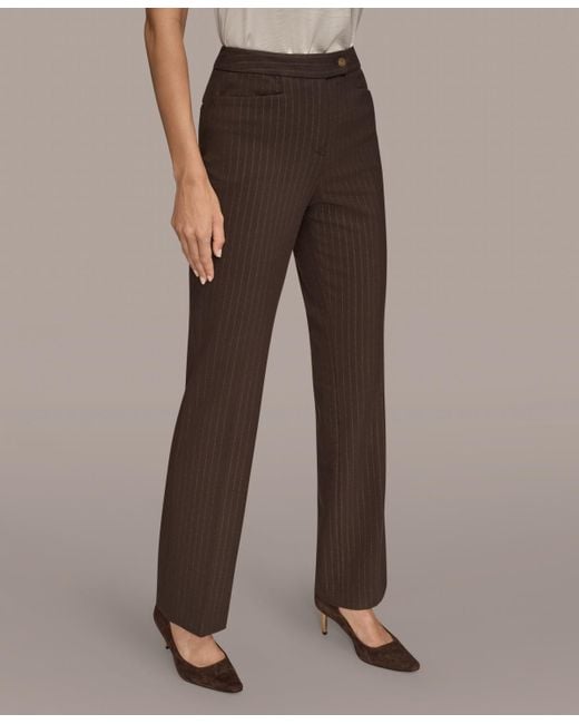 Donna Karan Brown Mid Rise Straight Fit Pinstripe Pants
