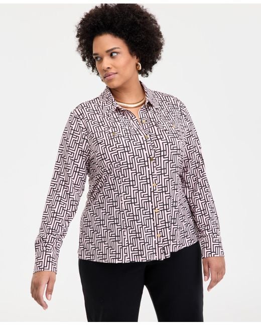 INC International Concepts Purple Inc Plus Size Printed Flap-pocket Knit Shirt