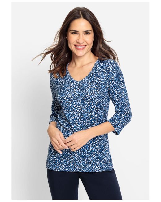Olsen Blue 100% Cotton 3/4 Sleeve Allover Print T-shirt