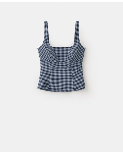Mango Blue Gingham Check Print Fitted Top