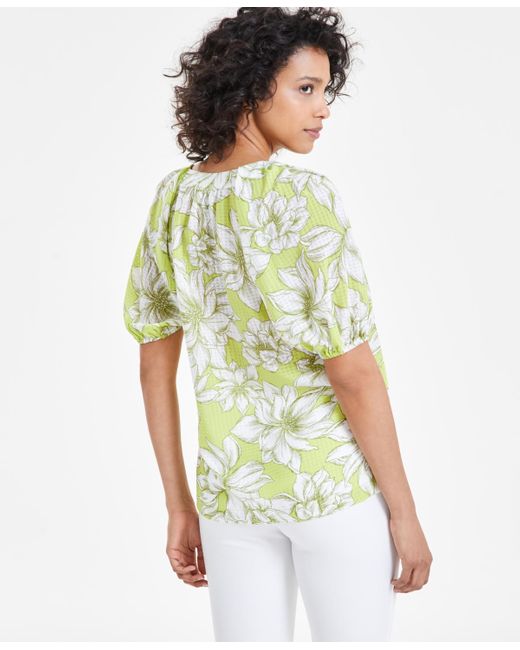 Anne Klein Green Floral-print Puff-sleeve Blouse