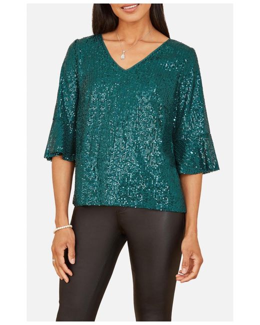 Yumi' Green Fluted Sleeve Sequin Top